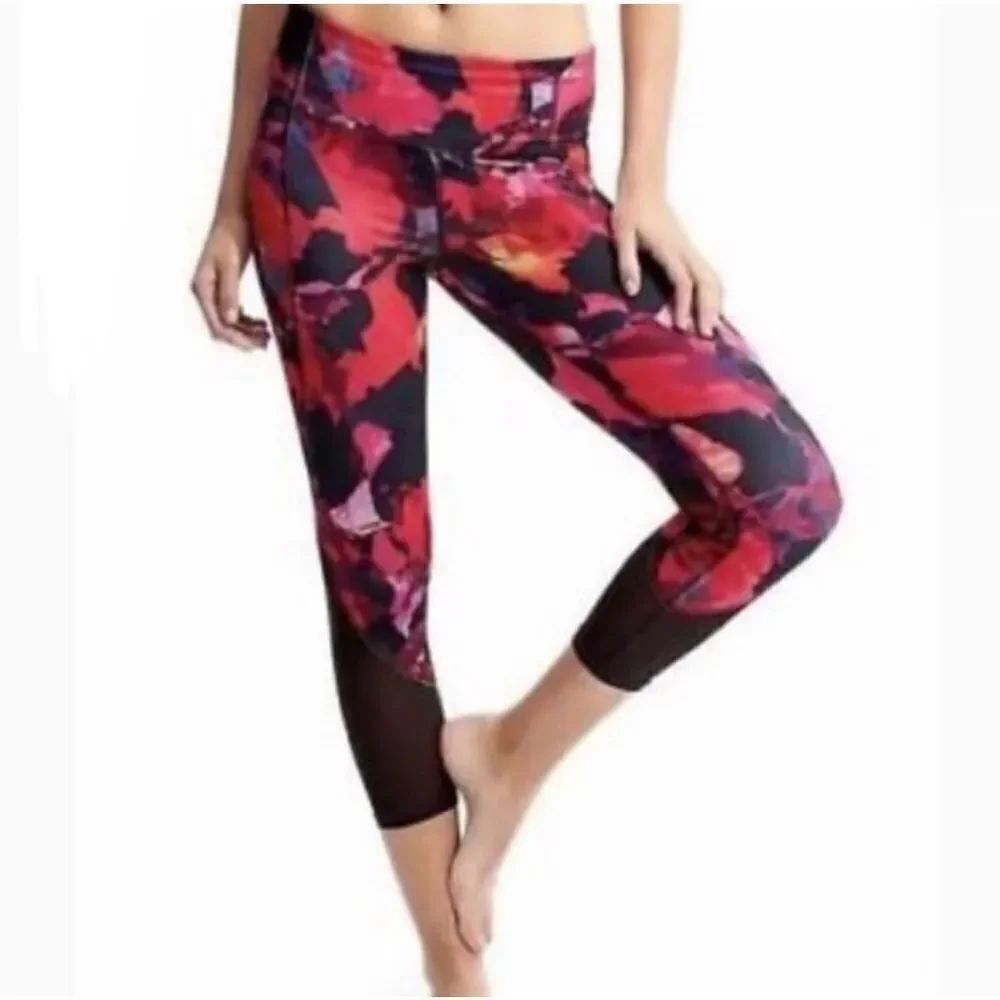 Athleta Mystique Chaturanga mesh fuschia floral cropped leggings